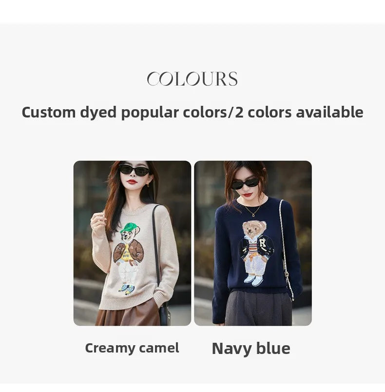 Thickened Woolen Knitted Sweater round Neck Embroidery Cartoon Bear Long Sleeve Women's Base Shirt Autumn Winter New Arrival