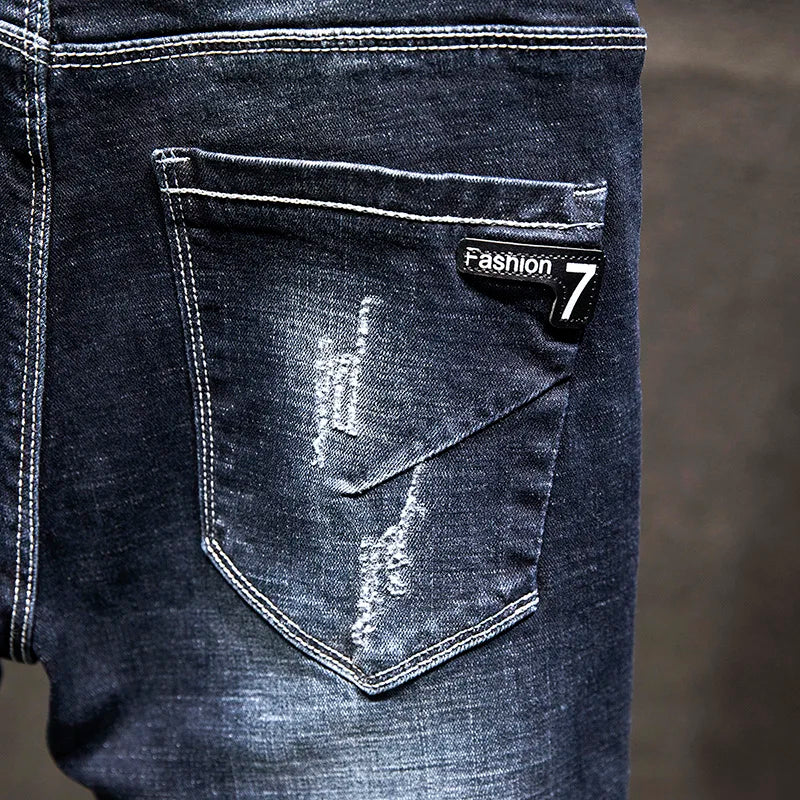 Men Slim-fit Denim Pants Cotton Korean Style Fashion Elasticity Versatile Blue Black Men's Clothing
