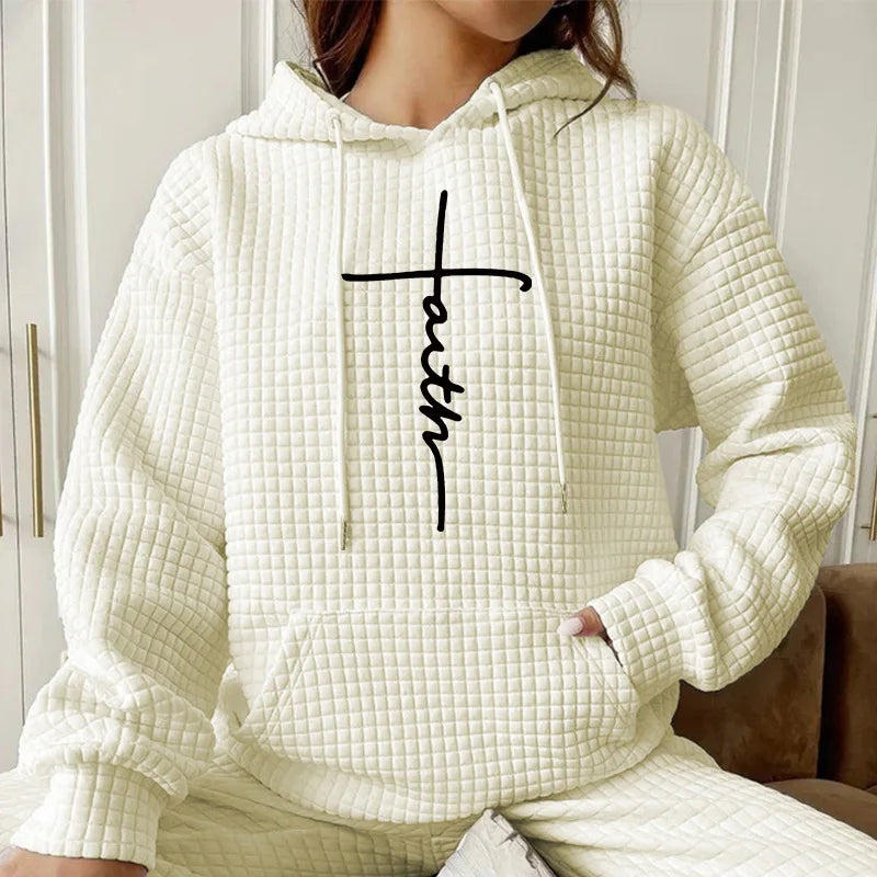 Fashionable Loose English Pattern Printed Hoodie Women's Street Style Polyester Waffle Fabric Long Sleeve Mid-Length Sweatshirt