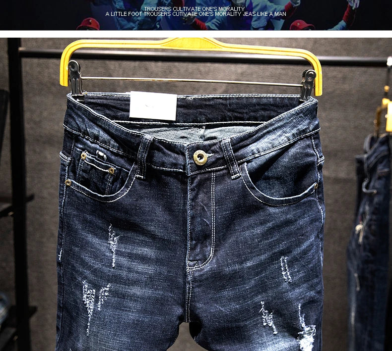 Men Slim-fit Denim Pants Cotton Korean Style Fashion Elasticity Versatile Blue Black Men's Clothing