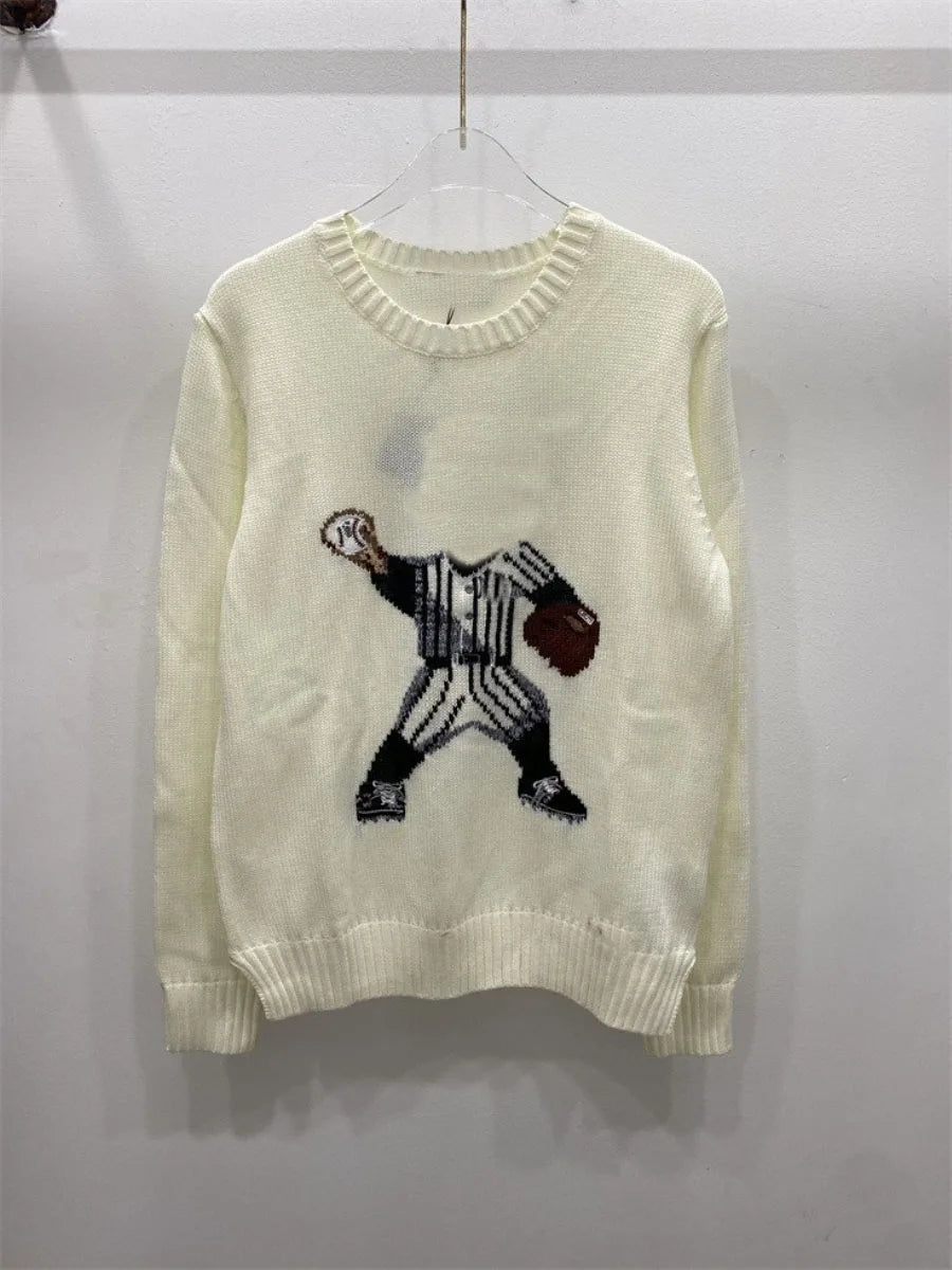 Soft Cotton Knit Sweater Women's Bear Embroidery Round Neck Top Autumn Winter Comfortable Wear Casual Embroidery Pullover