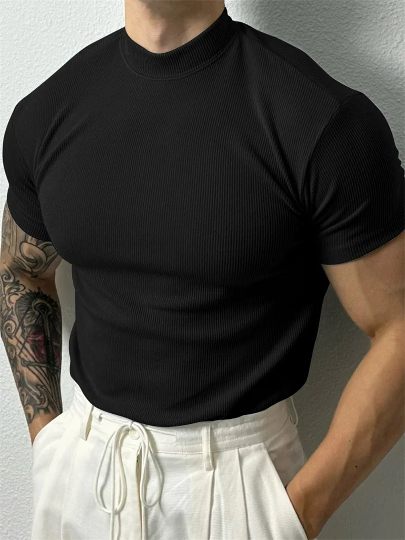 T-shirt Small high collar stripe shirt short sleeve fitness top leisure sport T-shirt Men sportswear