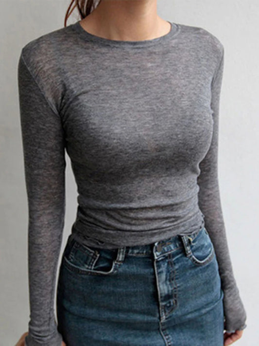 Legging High Quality Plain T Shirt Women  Elastic Basic T-shirts Female Casual Tops Long Sleeve Sexy Thin T-shirt see through