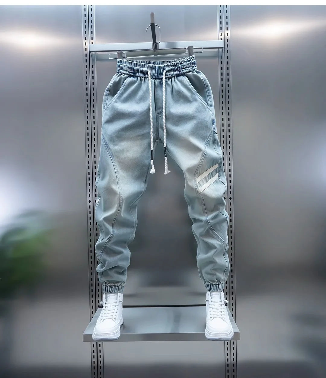 Men's Summer Slim Fit Jeans Light Blue Elastic Waist Patchwork Casual Pants Tapered Leg Jeans Harlan Sle Breathable Comfort...