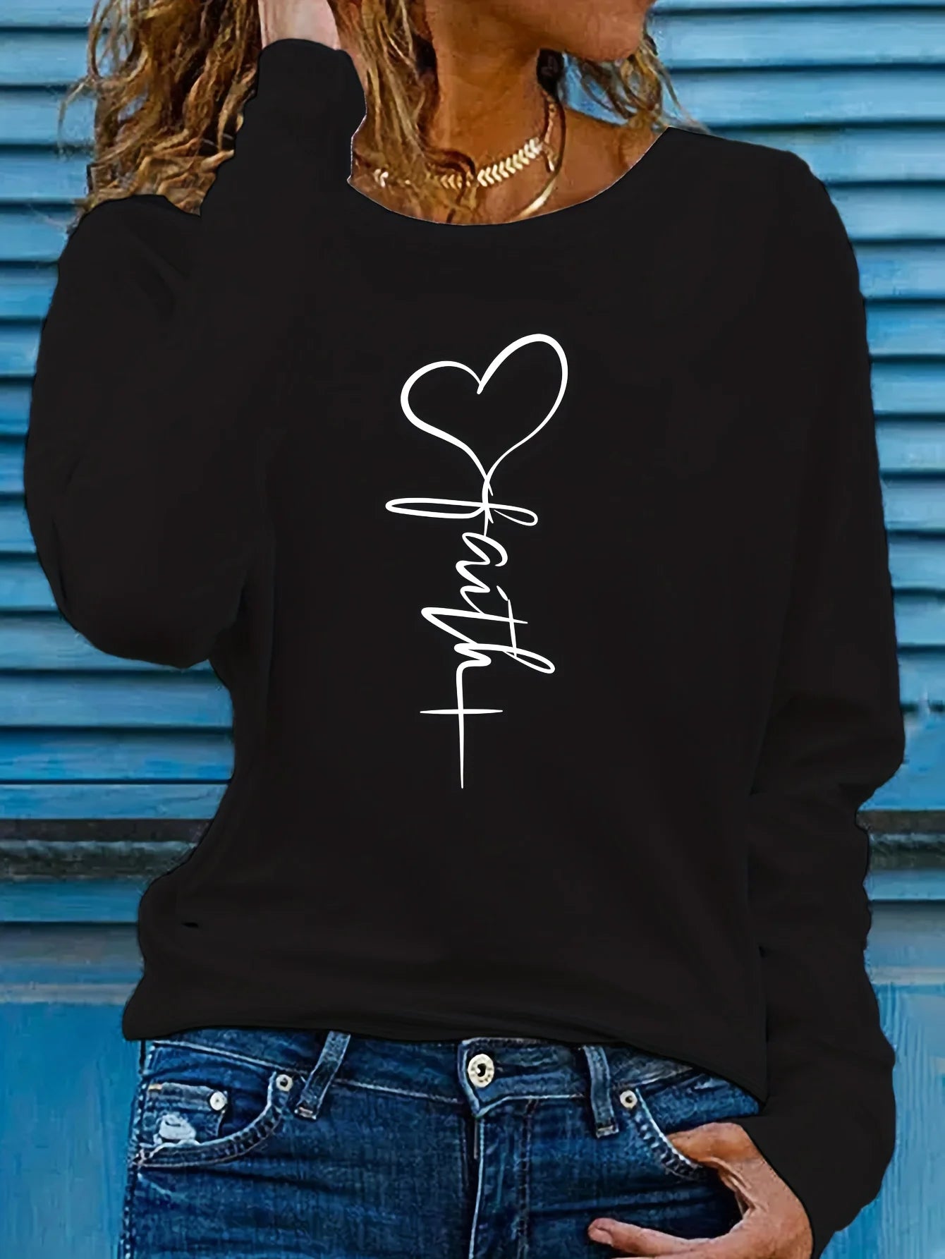 Faith Print Crew Neck T shirt Casual Long Autumn winter top women's long sleeved T-shirt loose comfortable black  white