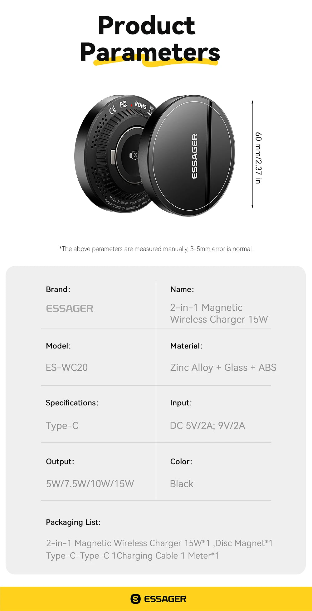 Essager 2-in-1 Magnetic Wireless Charger 15W With Holder Portable Fast Charging For iPhone 16 15 14 Pro Max iWatch Huawei Xiaomi