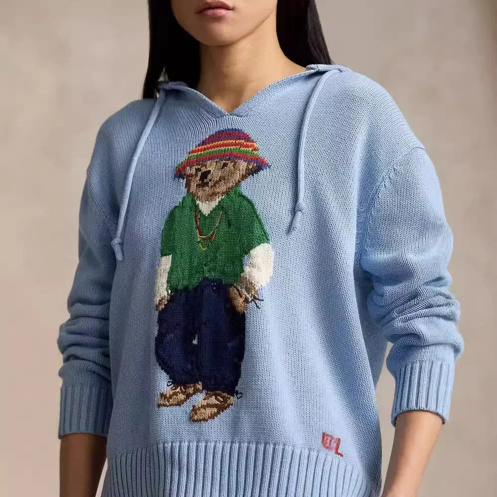 Classic American Style Women's Knitted Sweater Cotton Loose Fit Hoodie Embroidered Bear Anti-Aging Fashionable All-Match
