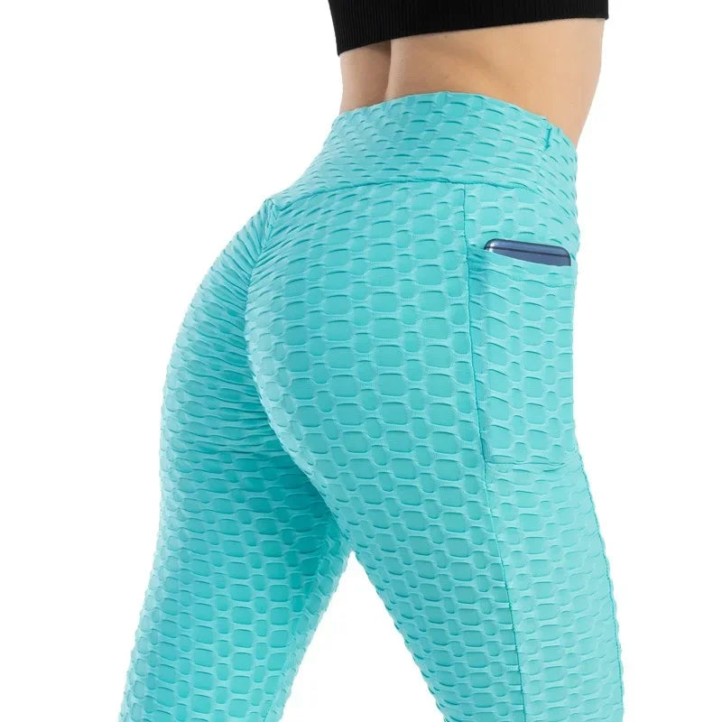 Leggings Women Fashion Pocket Bubble Pants Stretchy Slim Leggings Gym Running Cycling Fitness Pants High Waist Hip Lift Leggings Female