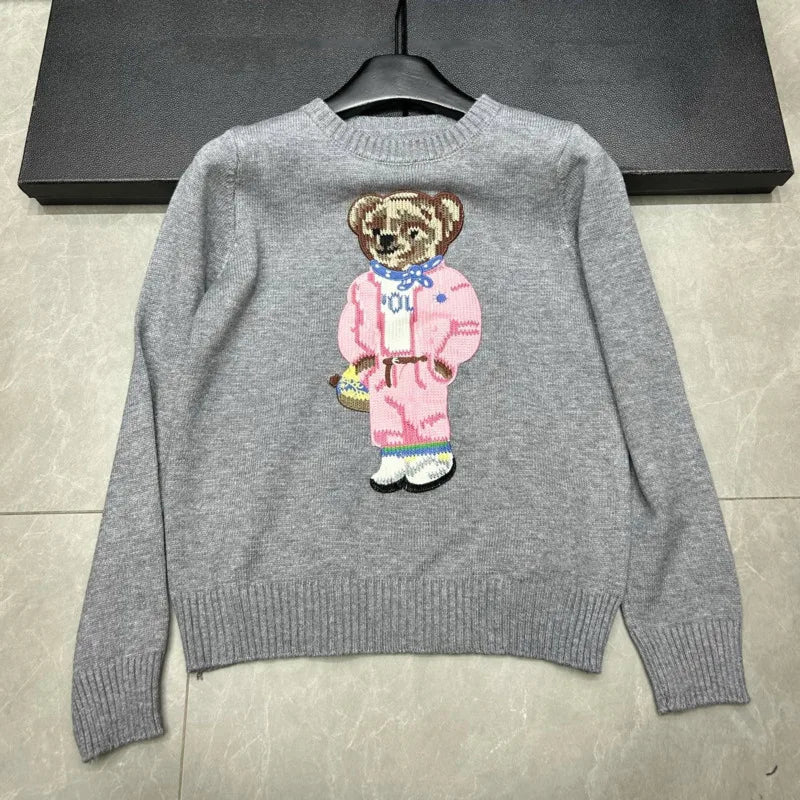 High Quality Light Luxury French Bear Embroidered Knitted Cardigan For Women New Fashion Casual Loose Sweater Coats Pulls Femmes