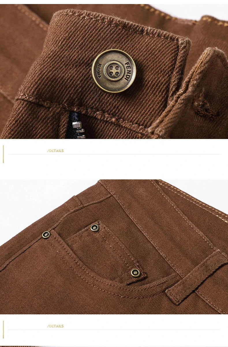 Men's Clothing Slim Jeans Fashion Brown Business Casual Stretch Denim Pants Male Brand Trousers
