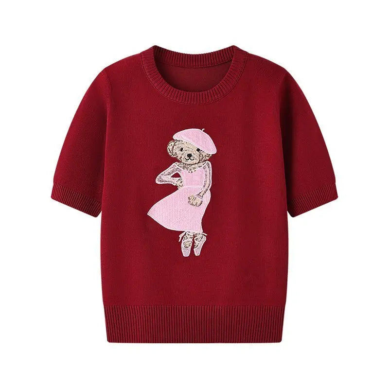 European Style Luxury Brand Loose O-Neck Bear Pullover Tops Knitwear Woman Short Sleeve T-shirt Ladies Wool Knitted Sweater