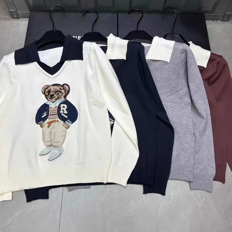 Cartoon Bear Jacquard Knit Pullover Women 2025 New Autumn O-Neck Long Sleeve Female Sweater Korean Fashion Knitwear Jumpers Tops