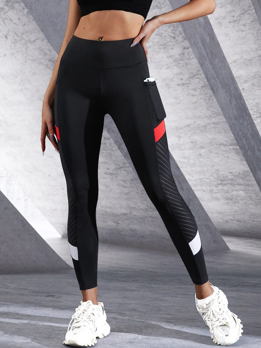 Leggings Colorblocked Mesh High Waist Yoga Pants with Side Pockets Leggings for Women Tummy Control Workout Shaping Leggings