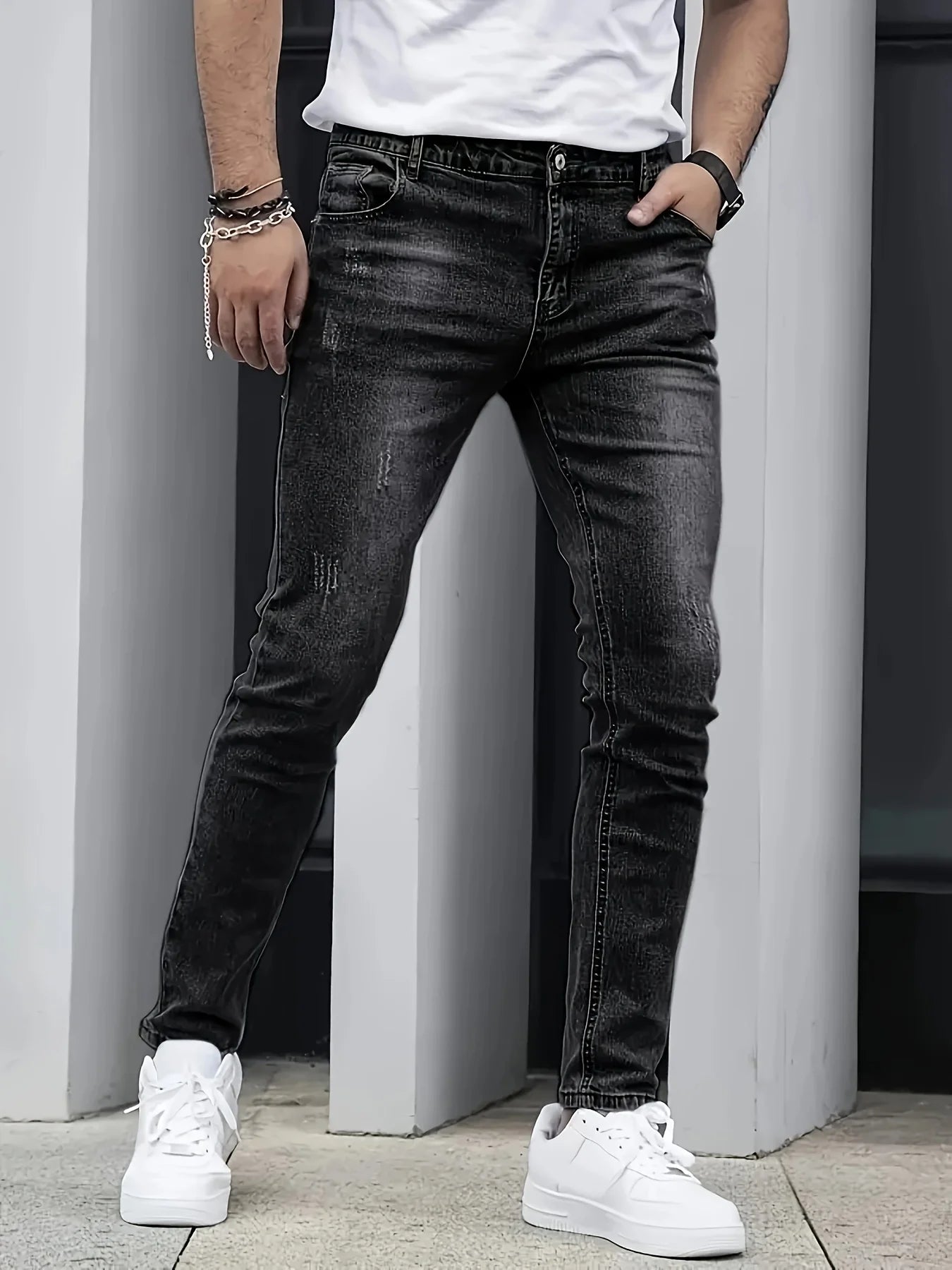 Men's Four-Season Snowflake Washed Fashion Jeans, Stretch Slim Fit Light Gray Dark Black Casual Denim Pants, Normcore and Fashionable, Suitable for Everyday Wear