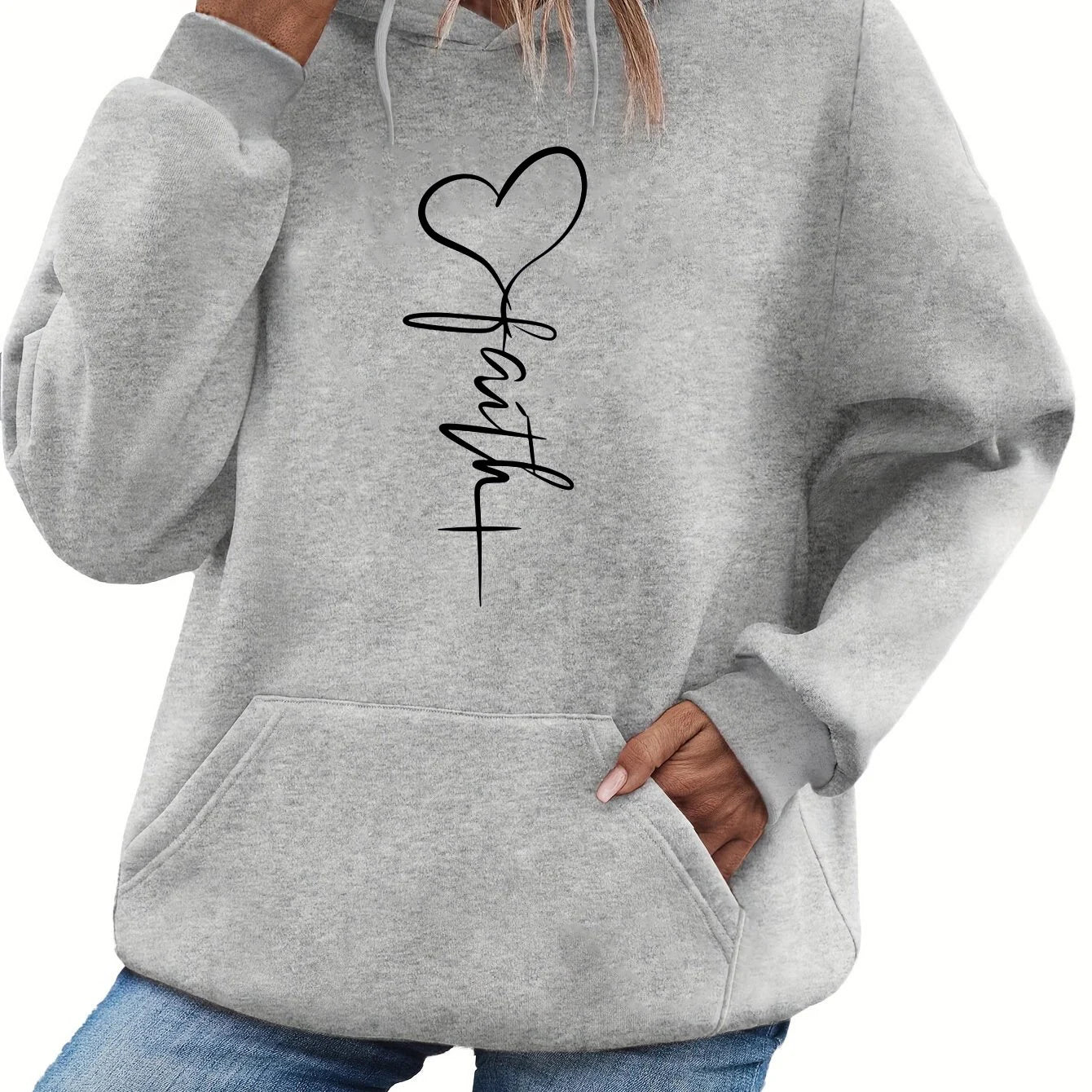 Women's autumn and winter warm and loose casual heart-shaped cross pattern printed velvet long sleeved hooded sweatshirt
