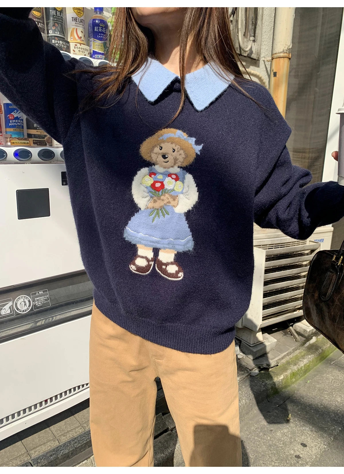 High Quality French Vintage Luxury Bear Jacquard Sweater For Women Autumn New Fashion Korean Casual Loose Pullover Knitted Tops