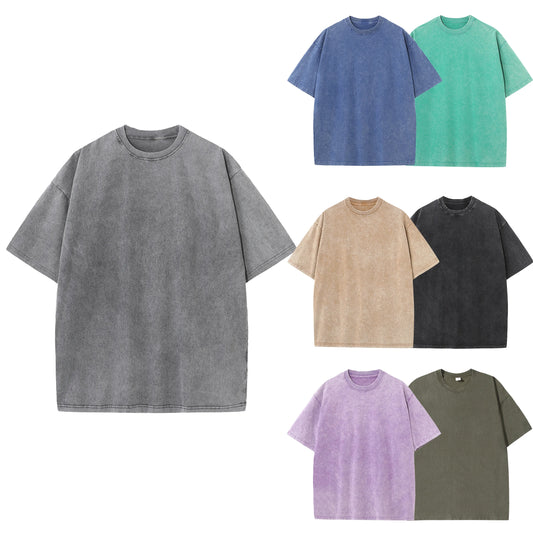 Men Short Sleeve summer pure cotton distressed retro drop shoulder T-shirt solid color loose casual breathable men's casual T-shirt tops