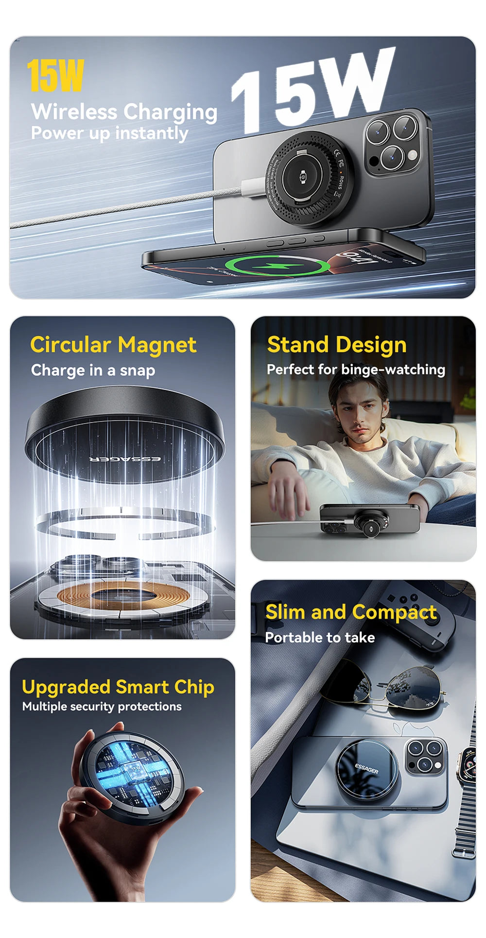Essager 2-in-1 Magnetic Wireless Charger 15W With Holder Portable Fast Charging For iPhone 16 15 14 Pro Max iWatch Huawei Xiaomi