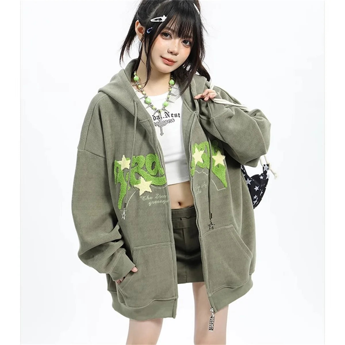 Hoodies Women Fashion Embroidery Zip Up Autumn Long Sleeve Tops Loose Hood Shirt Harajuku Y2K Clothes Female Sweatshirt Jacket