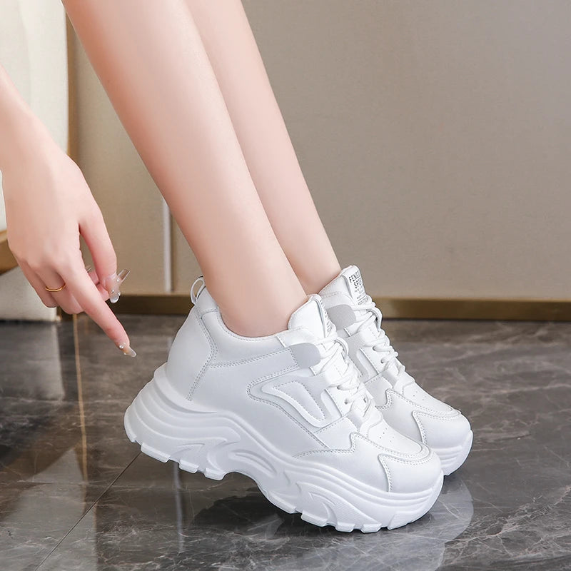 Women Sneakers Lace-Up Thick Bottom Vulcanize Shoes Woman Pu Leather Breathable Sports Shoes Ladies