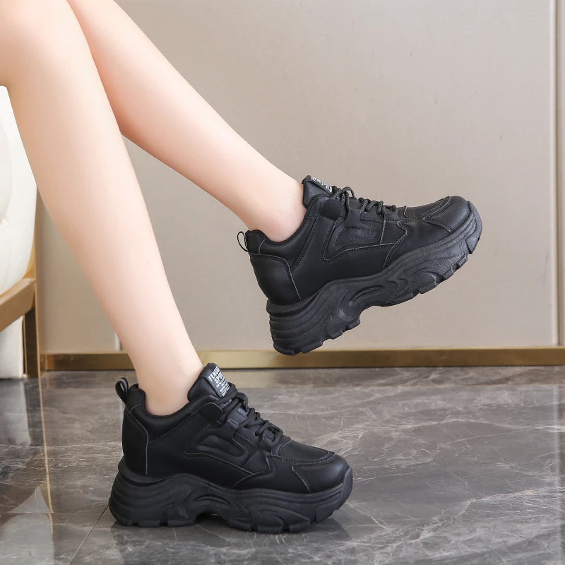 Women Sneakers Lace-Up Thick Bottom Vulcanize Shoes Woman Pu Leather Breathable Sports Shoes Ladies