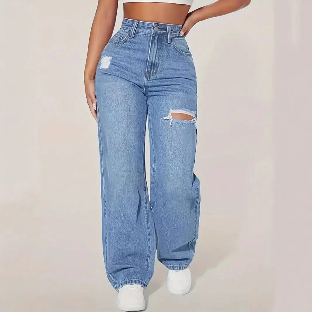 Washed Ripped Jeans, Women Four Seasons New Fashion Personality To Do Old Denim High Waist Straight Comfortable Wide Leg Pants