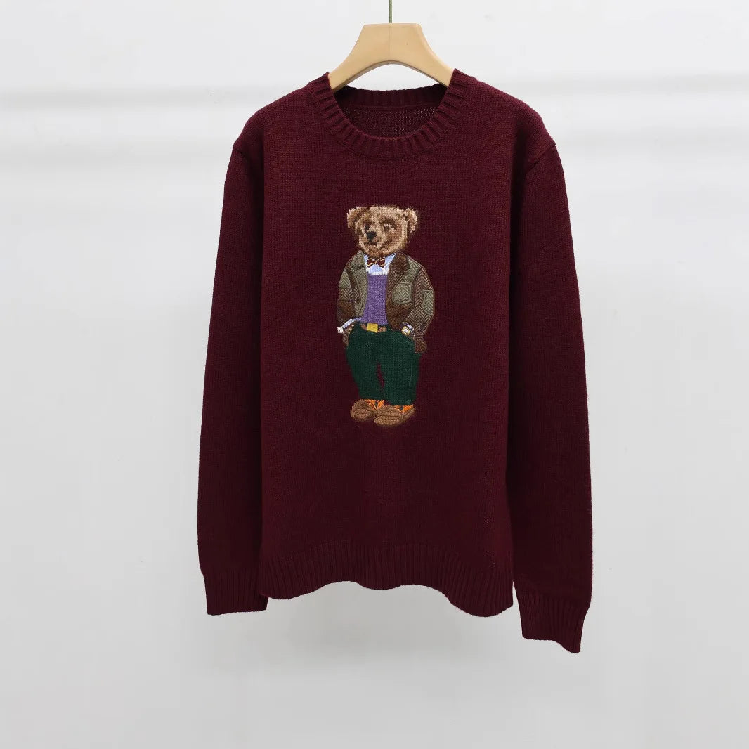 New autumn and winter RL bear cashmere round neck knitted long sleeved fashionable wool embroidered bear cartoon sweater