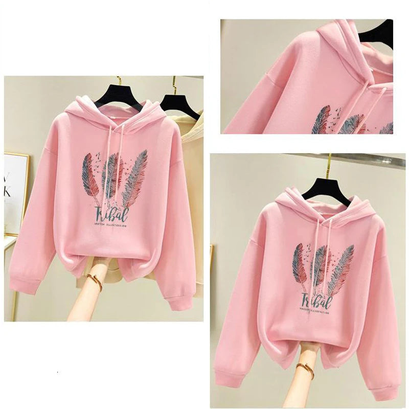 Hoodies Women Fashion Feather Printed Hoodies Autumn Winter Plus Velvet Casual Loose Sweatshirt