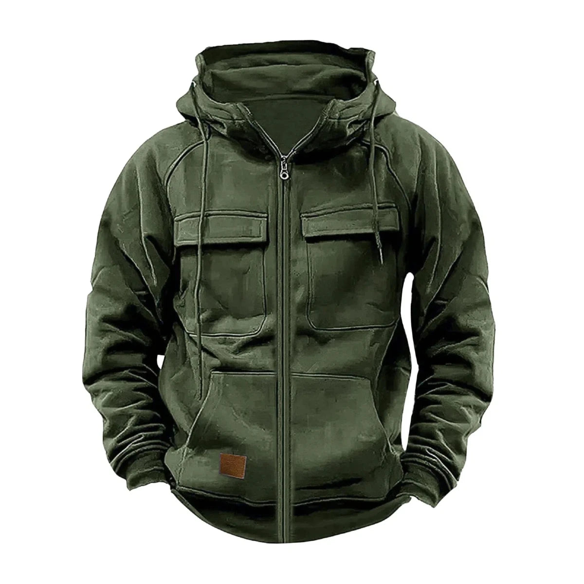 JUMPER Solid-Color Zipper Pullover Hooded Sweater Casual Loose Street-Style Multi-Pocket Hooded Sports Coat