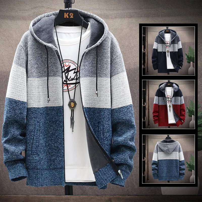 Sweater Fleece Coat Striped Jackets Fashion Hoodies Winter Autumn Thick Warm Windbreaker Pullovers Male Clothing