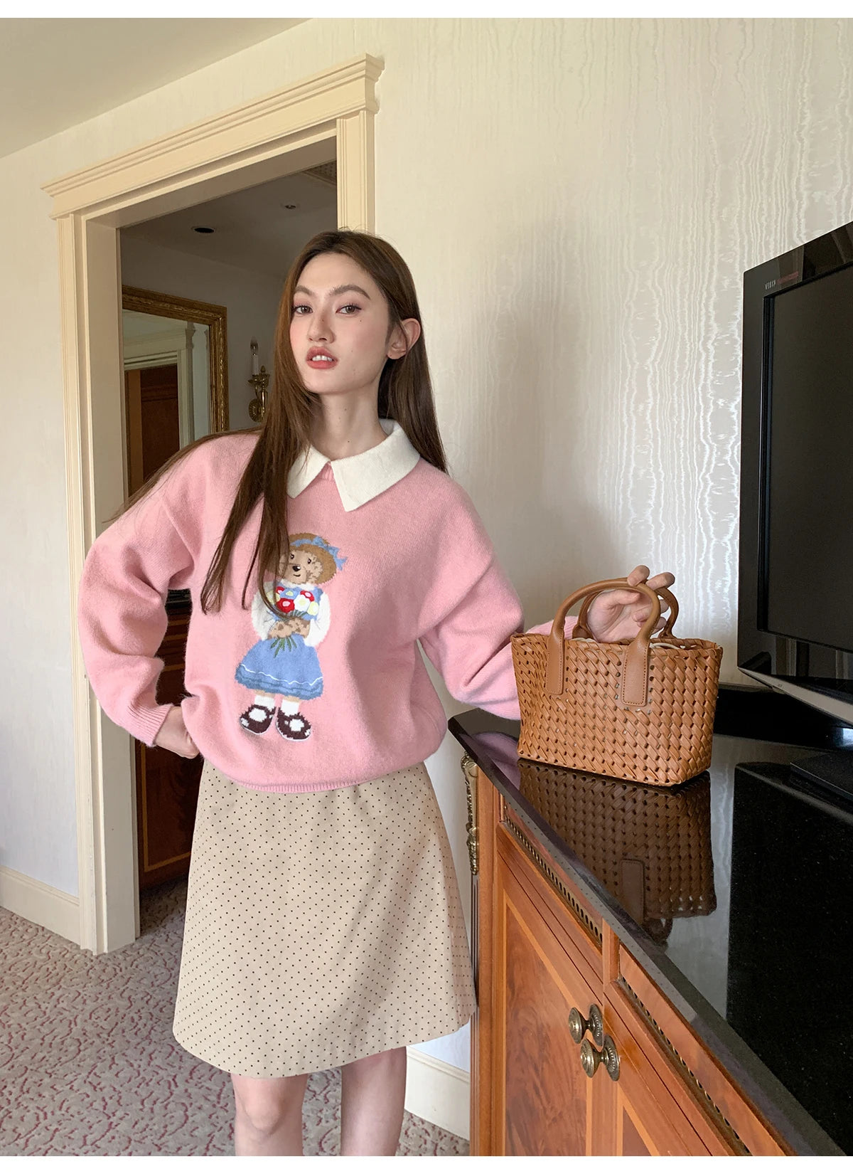 High Quality French Vintage Luxury Bear Jacquard Sweater For Women Autumn New Fashion Korean Casual Loose Pullover Knitted Tops