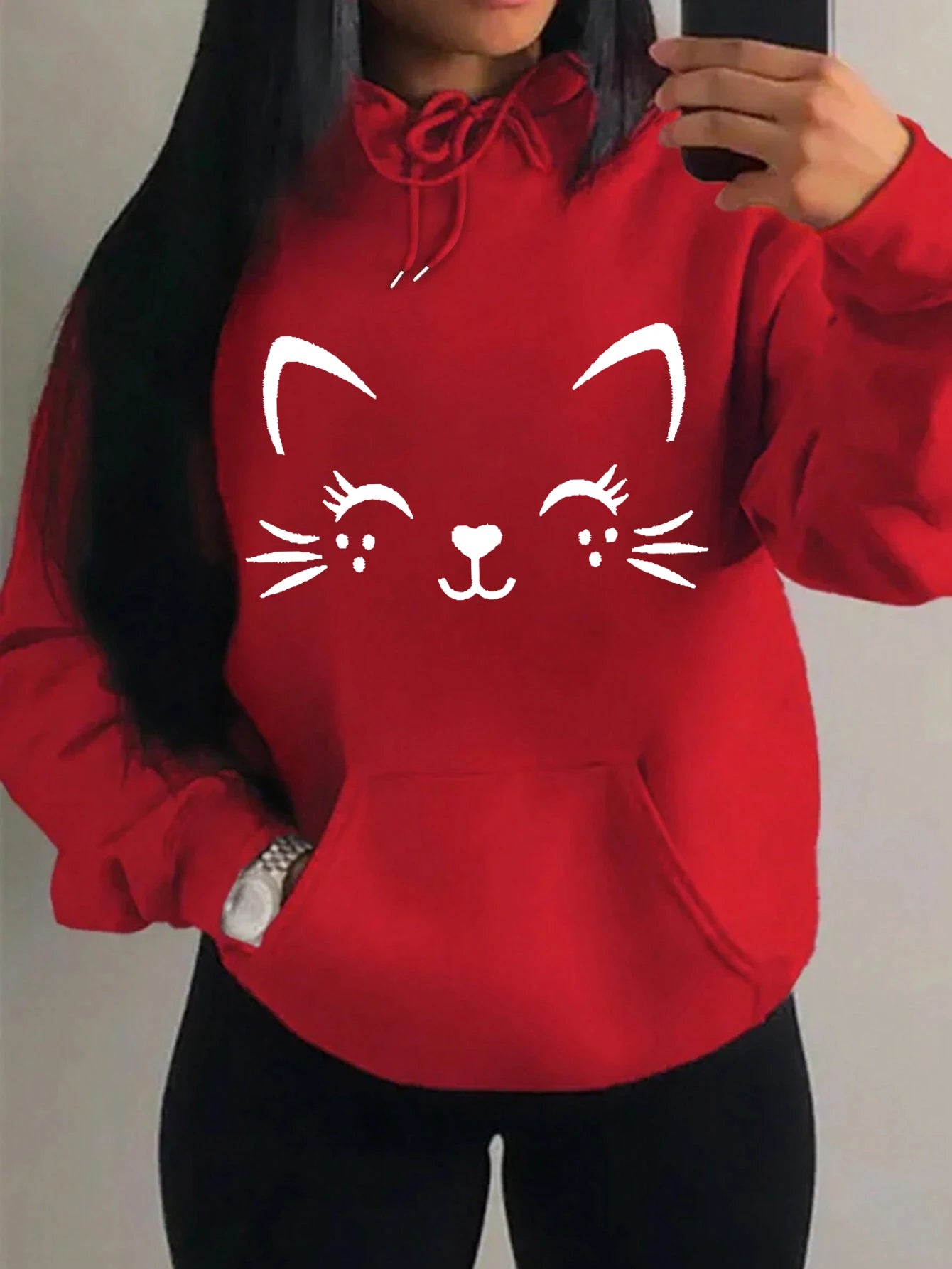 Simple Word Cat Happy Pattern Women Hoodies Fashion Casual Streetwear Personality Hip Hop Hoodie Trendy Fleece Pulloverar