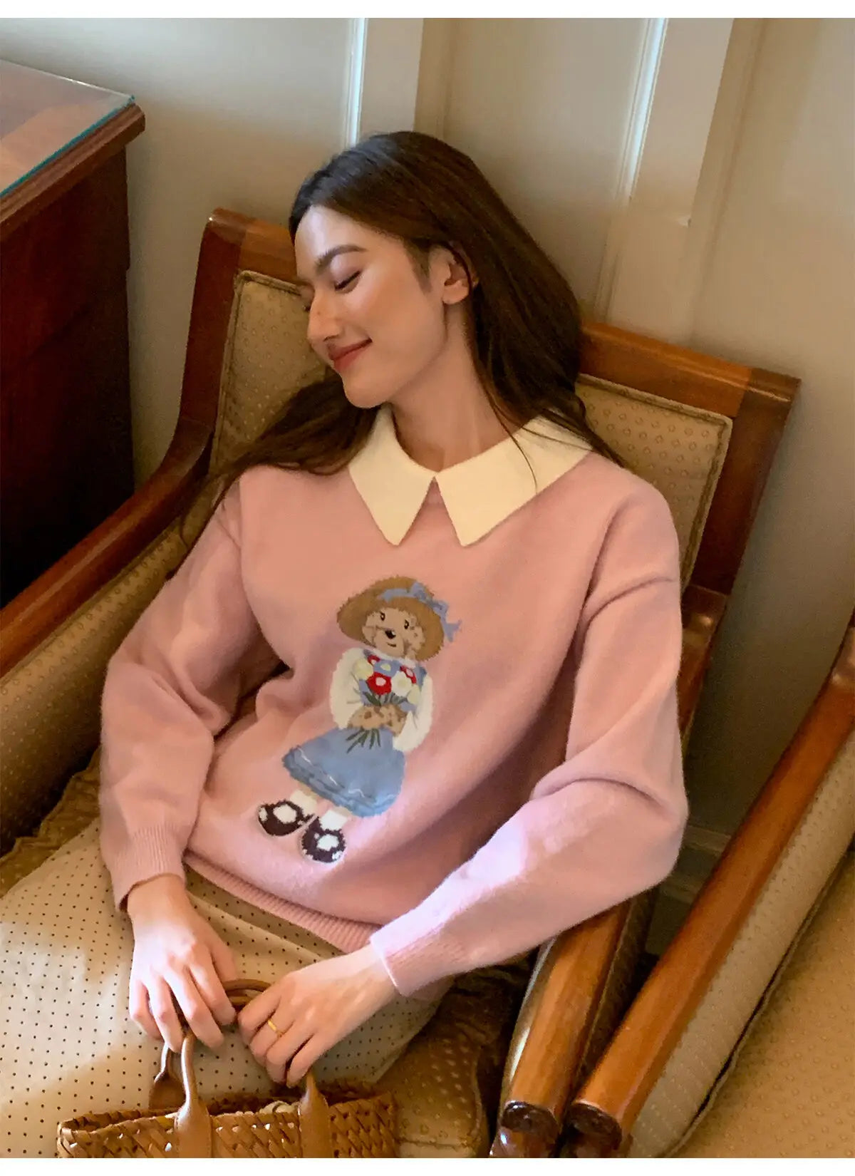 High Quality French Vintage Luxury Bear Jacquard Sweater For Women Autumn New Fashion Korean Casual Loose Pullover Knitted Tops