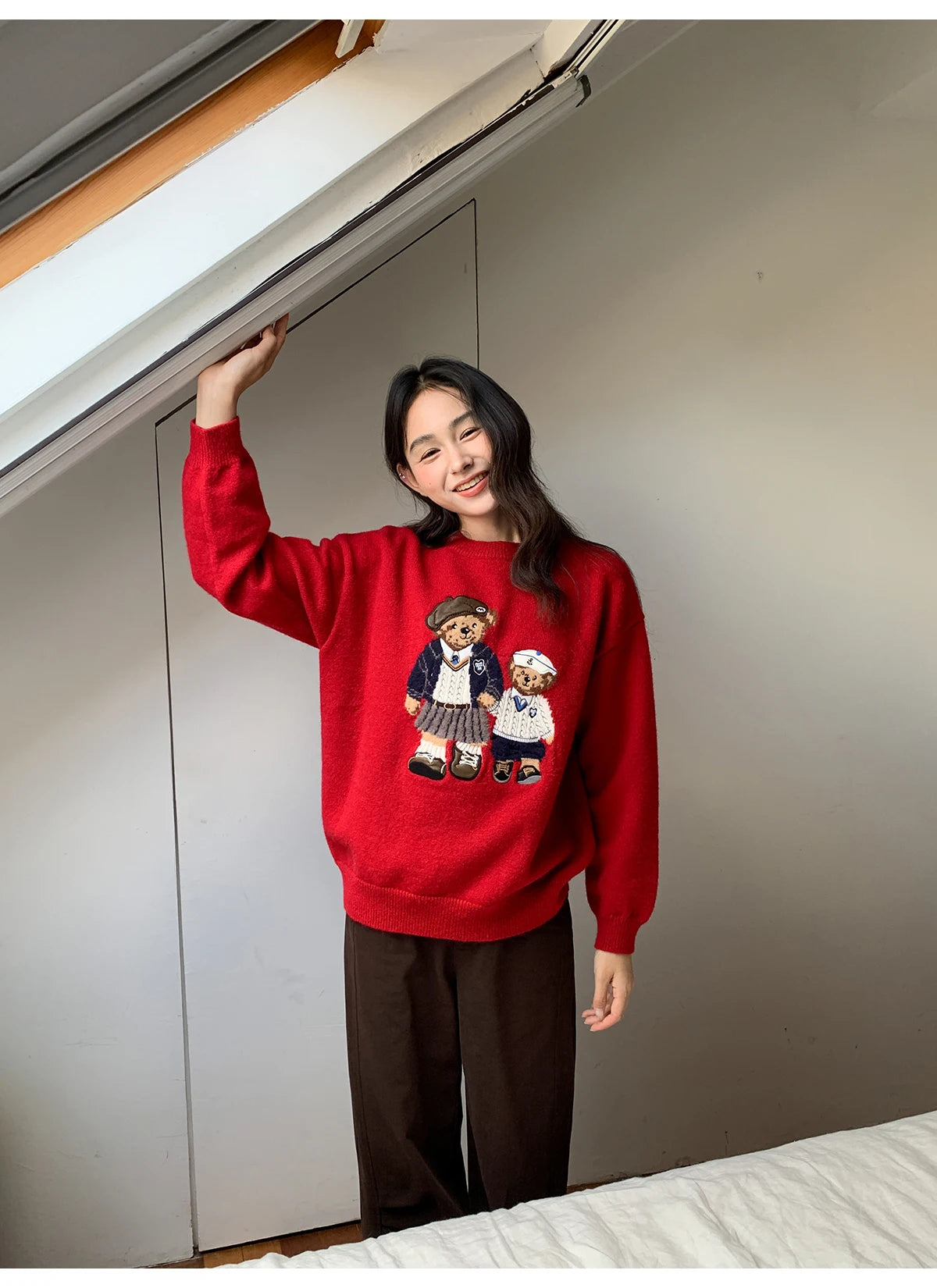 Korean Style Autumn Fashion College Wind Twist Bear Embroidery Knitted Sweater Women's Soft Cozy Overhead Sweater Long Sleeve...