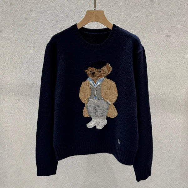 Autumn Winter Women's Knitted Long Sve Sweater Casual Sle Bear Embroidery Cartoon Loose Fit Camere round Ne Top
