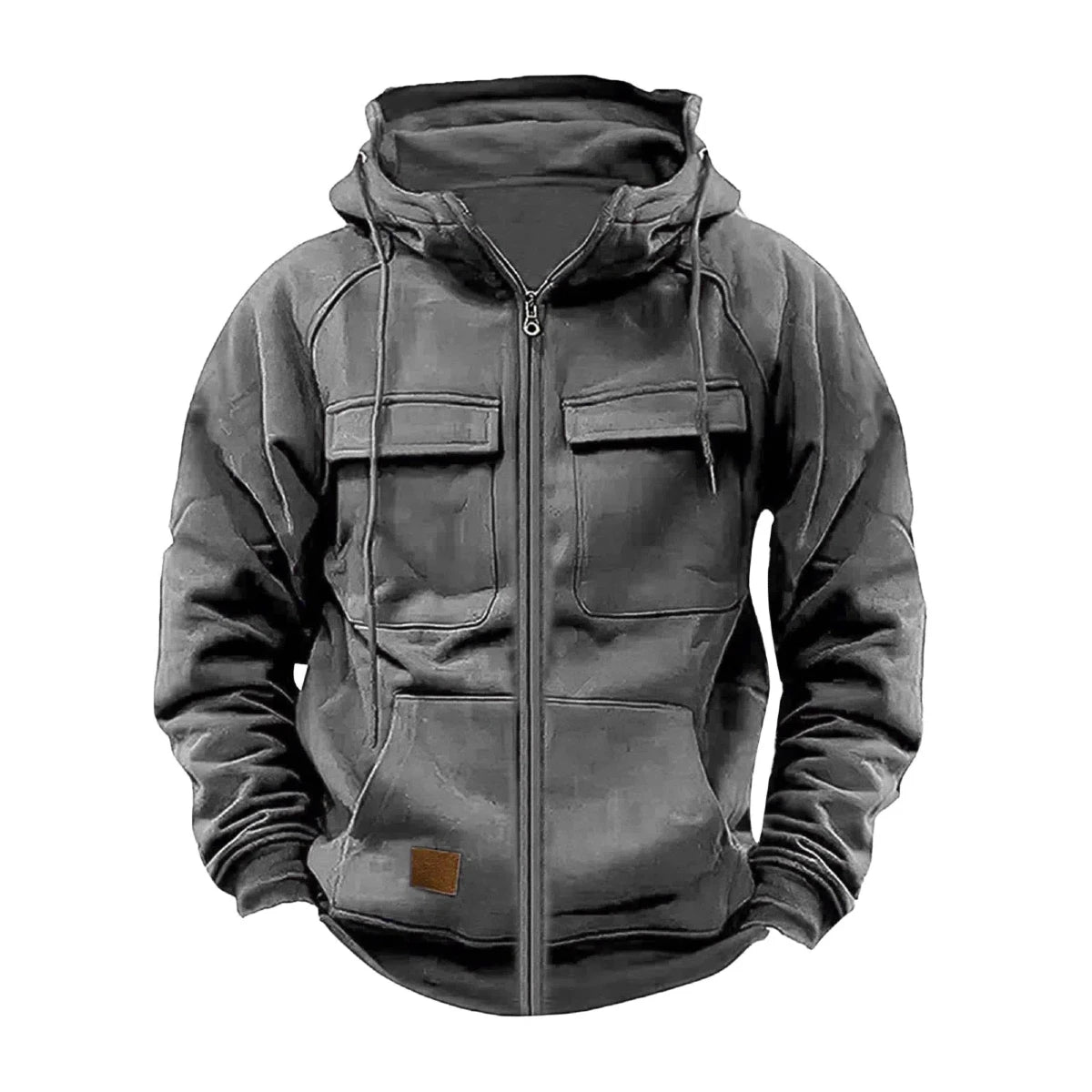 JUMPER Solid-Color Zipper Pullover Hooded Sweater Casual Loose Street-Style Multi-Pocket Hooded Sports Coat