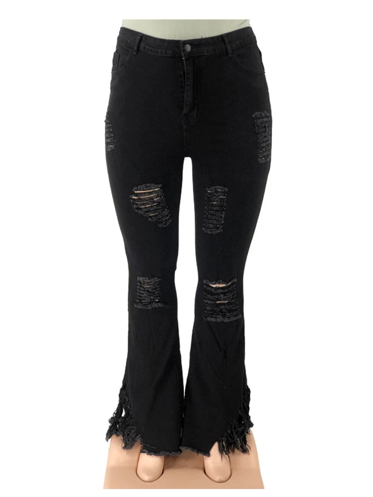 Pus Size  Ladies Jeans High Waist Woman Tassel Vintage Jeans Ripped Plus Size Fashion Elegant Flared Jeans Wholesale Dropshipping
