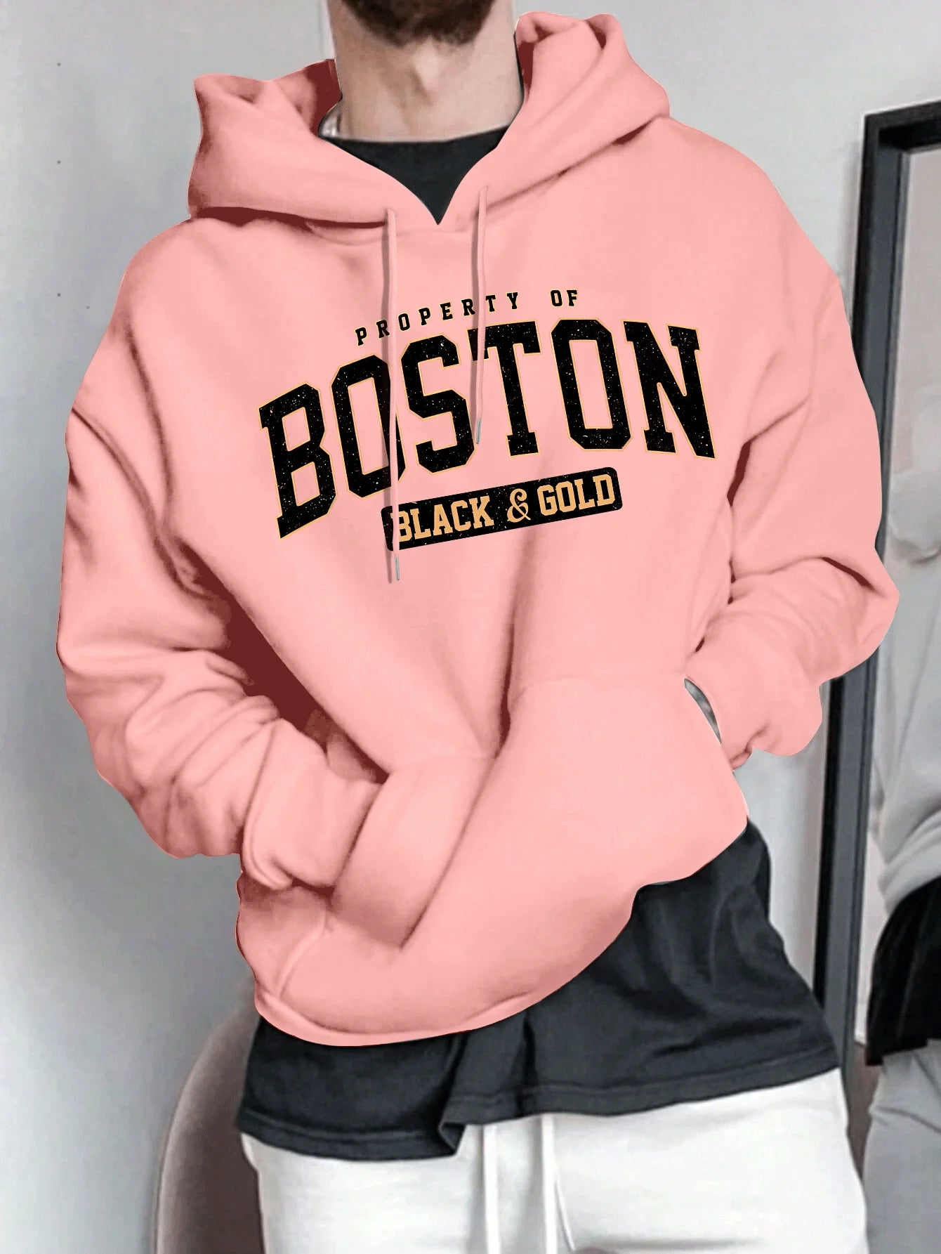 Men's Paris-Inspired Fashion Hoodie with Geometric Print Kangaroo Pocket  Perfect for Spring/Fall