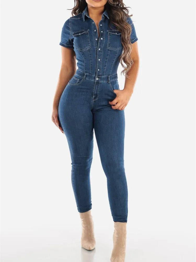 JRRY Sexy Women Denim Jumpsuits Short Sleeve Turn Down Collars Buttons Pockets Denim Bodysuit