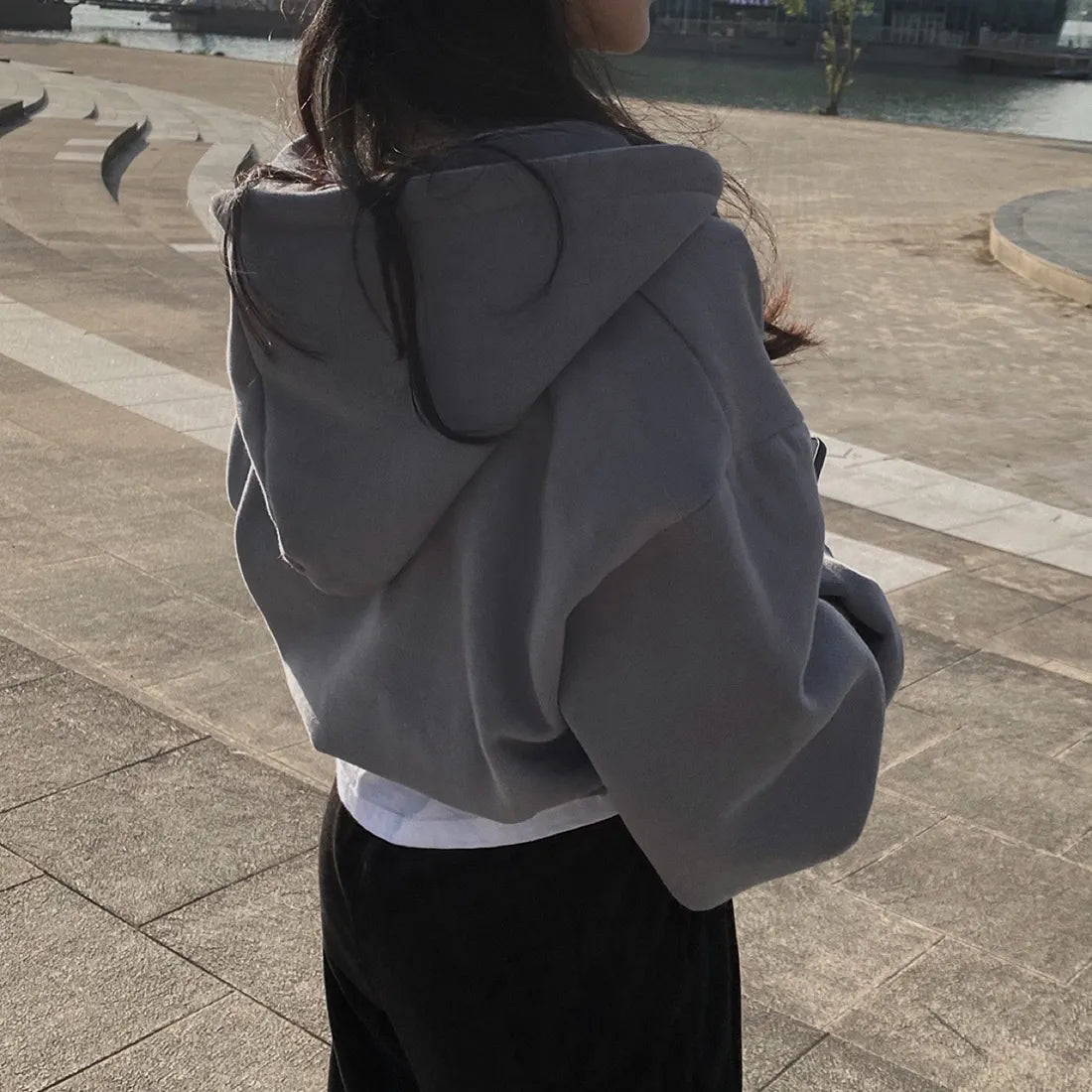 Hoodies Women ,Casual Hood Sweatshirt Women Y2K Zip Up Hoodies Solid Harajuku Long Sleeve Shirt Oversized Crop Tops Female Loose Jackets Coat