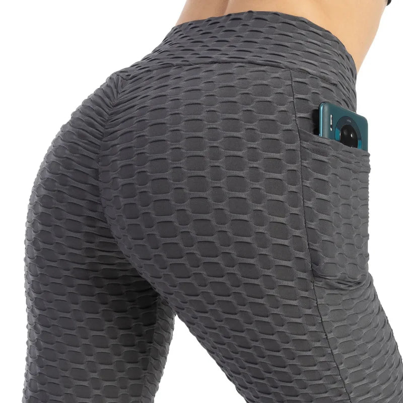 Leggings Women Fashion Pocket Bubble Pants Stretchy Slim Leggings Gym Running Cycling Fitness Pants High Waist Hip Lift Leggings Female