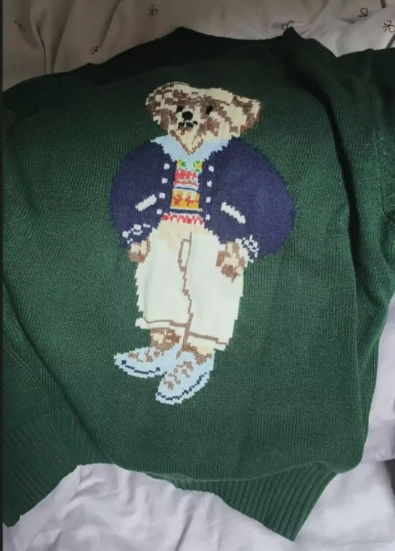 Cartoon Teddy Bear Knitted Embroidery Pullover Women 2025 New Autumn Round Neck Female Knitted Sweater Casual Womens Tops