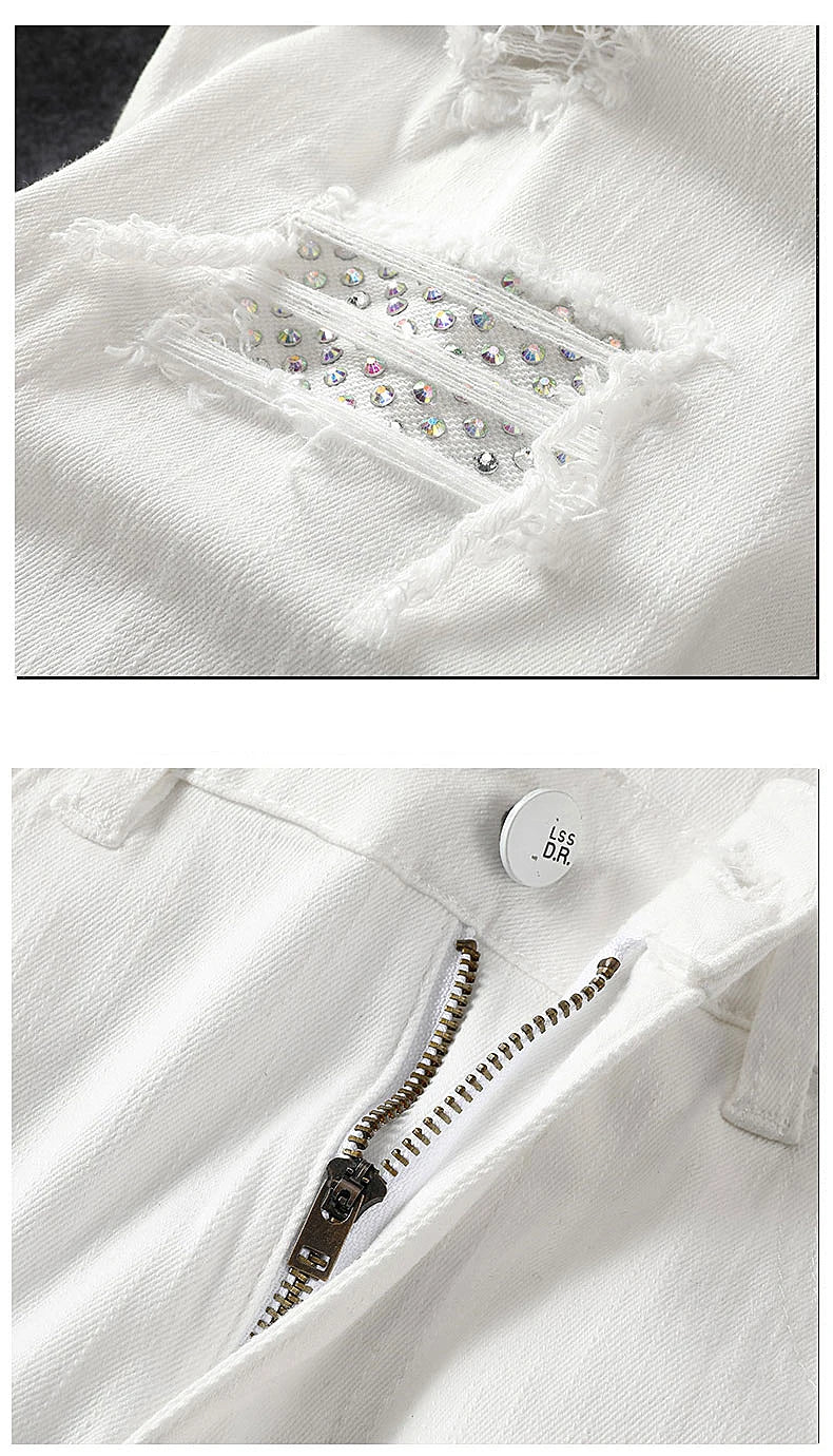 men's white distressed hot drilling jeans slim fit stylish American high street trendy jeans