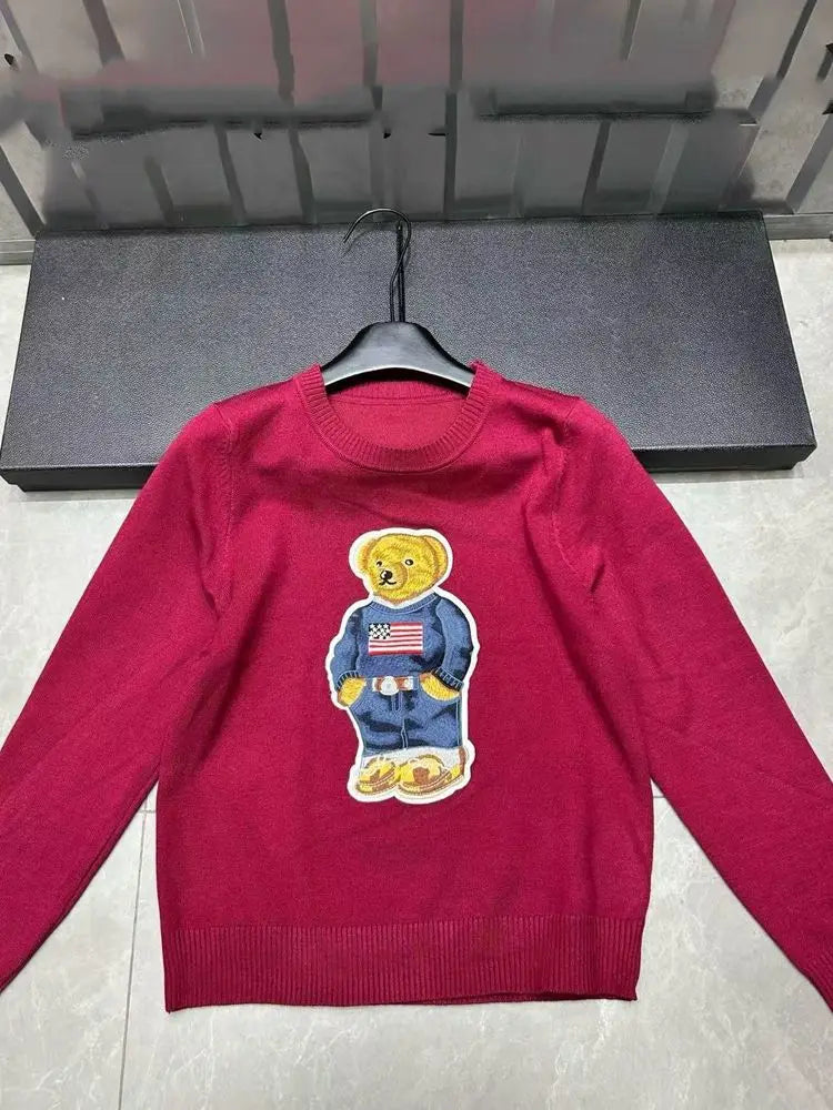 High Quality French Vintage Luxury Bear Jacquard Sweater For Women Autumn New Fashion Korean Casual Loose Pullover Knitted Tops