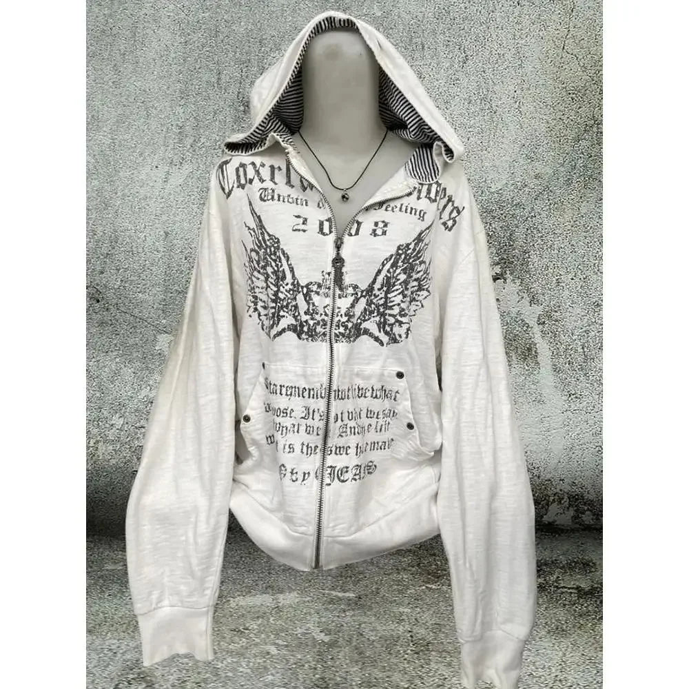 Hoodies Women Vintage Sweatshirts 2025 Women's Clothes White Print Tunic Hooded Y2k Coat Streetwear Fashion Casual Hoodies Tops Ropa Mujer