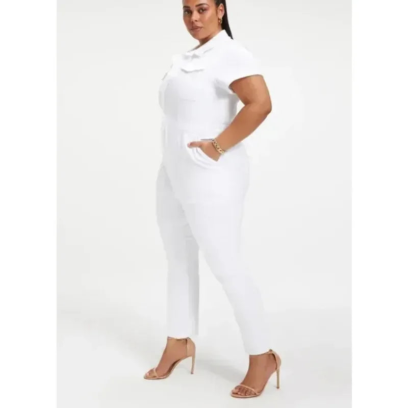 Fashion Jeans Plus Size Denim Jump Suits for Women Slim Short Sleeve Turn Down Collar Overalls Rompers Female One-piece Pants