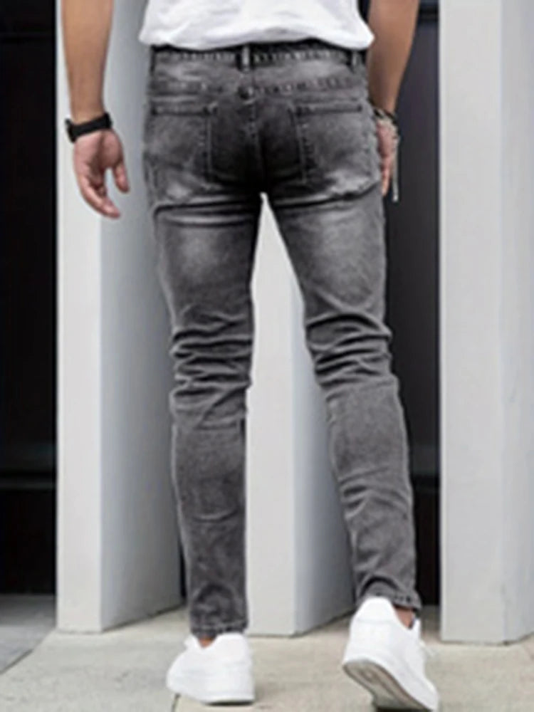 Men's Slim Four-Season Washed Fashion Jeans Stretch Slim Fit Light Blue Gray Black Casual Denim Pants