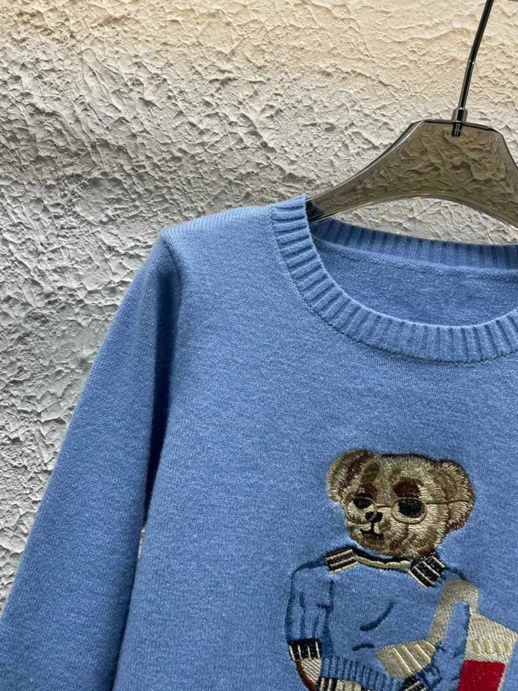 High Quality Fall Winter New Fashion Lazy Cartoon Bear Embroidery Loose Knitted Sweater Tops Women Casual Pullover Sweater Pull