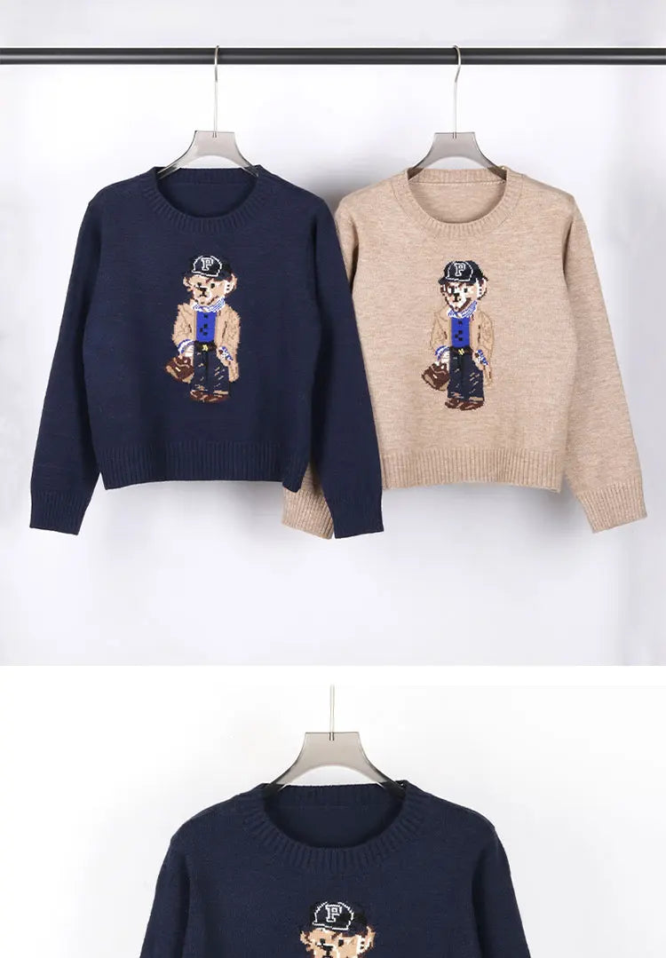 Crochet Bear Knit Sweater Pullover Women Jacquard Knitwear 2024 Autumn Winter RL Tops Coat Luxury Designer Brand Lauren Clothing
