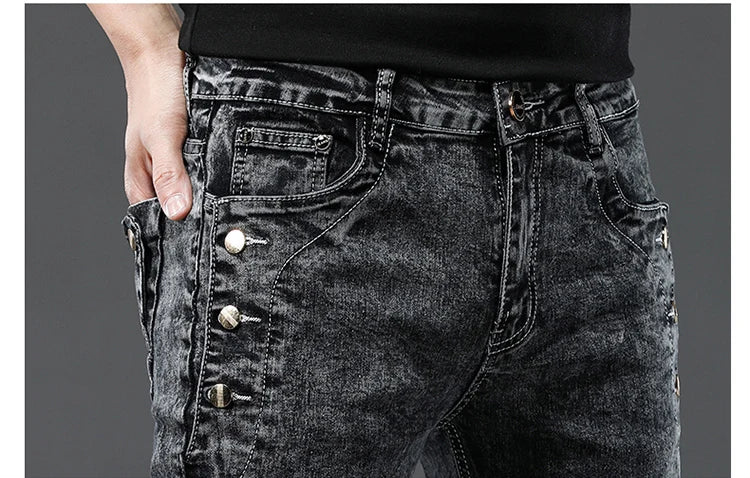 Men's Designer Jeans Snowflake Grey Wash Korean Fashion Stretch Pants Multi-button Denim Trousers